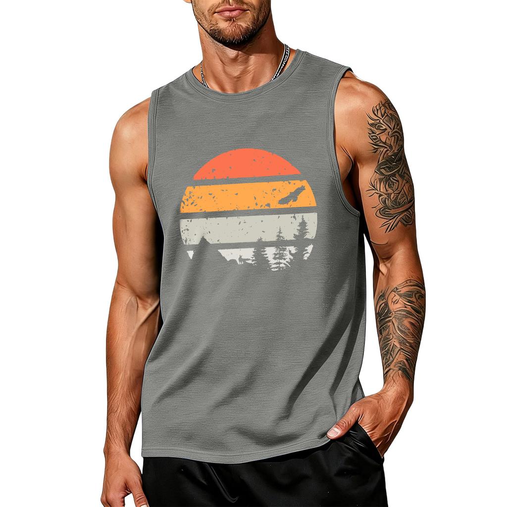 Mens Sleeveless Tank Top Crew Neck Graphic Print Vintage Style Casual Loose Fit Comfortable Shirt