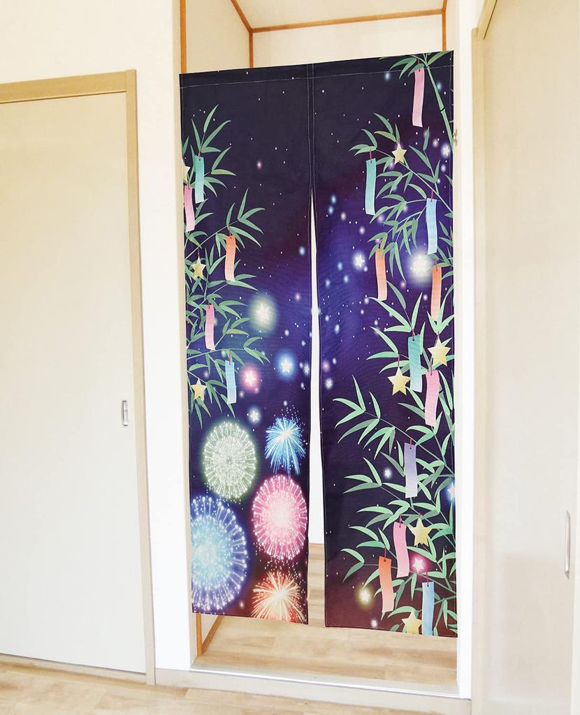 Tanabata Summer Noren Curtain with Bamboo and Tanzaku Milky and Starry Sky Long Length Japanese Modern Tension Rod Room Interior Privacy Screen