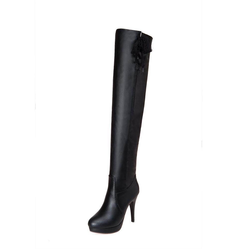 2019 new Korean version round head waterproof table bow lace side zipper stiletto casual women's knee boots