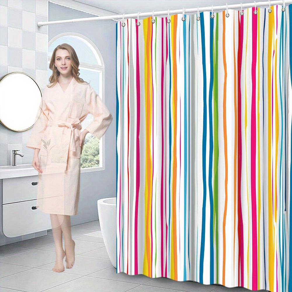 Annier White Abstract Wavy Stripe Shower Curtain – Vibrant Multicolor Vertical Lines On Waterproof Polyester, 12 Rustproof Hooks