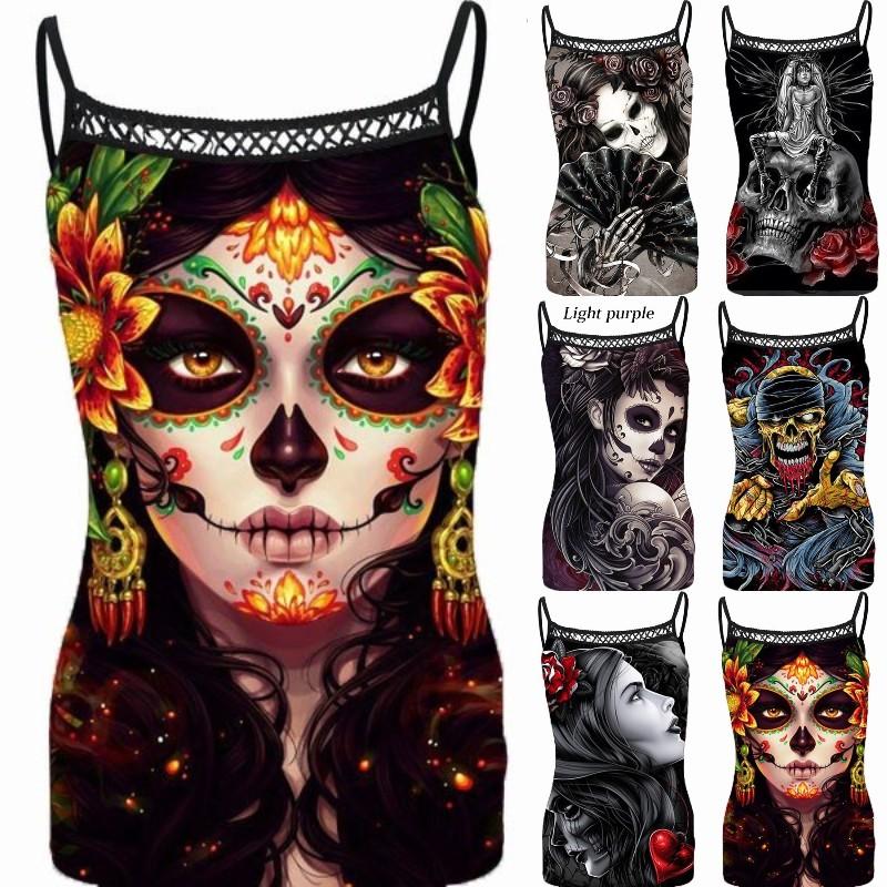 

Новые женщины без рукавов Готический череп Печать Cami Tank Tops Рубашка Стимпанк Череп Футболка S-5XL
