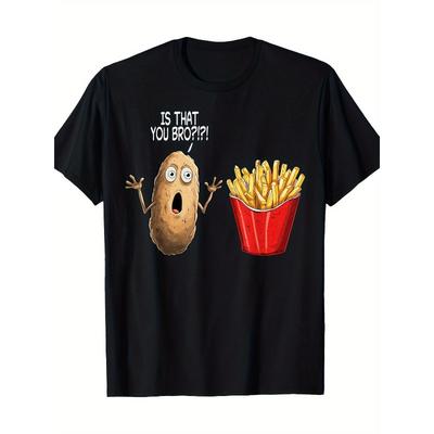 European Size Men'S Humorous French Fry Graphic T-Shirt -Casual Cotton Tee, Loose Fit, Machine Washable, All-Season Round Neck Black T-shirt