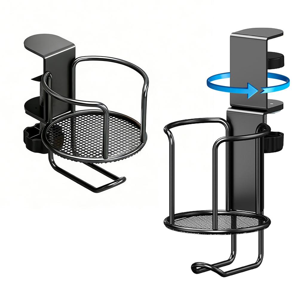 2 in 1 Clamp On Anti-Spill Cup Holder with Headphone Hanger Water Bottle Stand Easy To Install for Coffee Mups Bottles