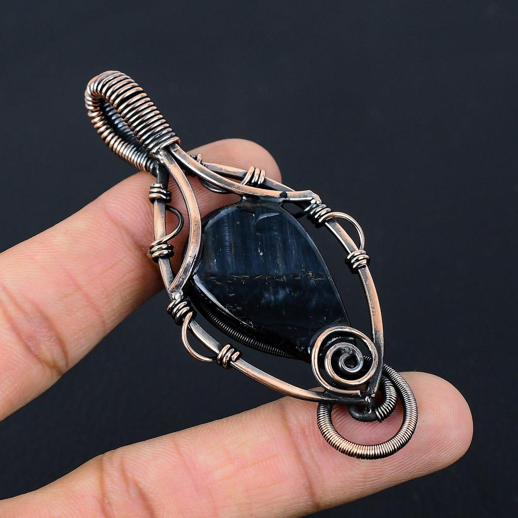 Blå Tigeröga Ädelsten Ren Koppartråd Virad Handgjord Hänge Smycken För Gåva