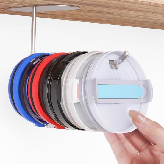 2 Pcs Tumbler Lid Organizer Horizontal with Sticky Tape Anti-drop Design Under-Cabinet Mount Clutter-Free Kitchen Cabinets And Countertops