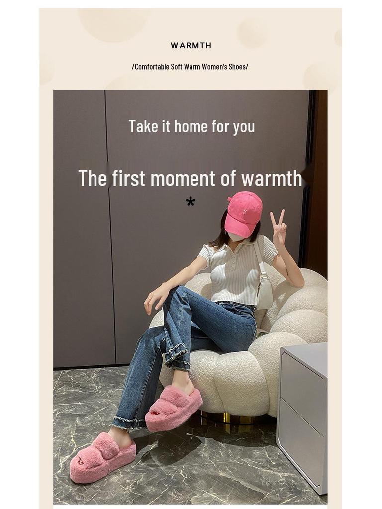 Damen Pelzige Höhenverstärkende Hausschuhe - Herbst/Winter 2023: Doppelriemen, Dicke Sohle, Koreanischer Stil, Plüschbaumwolle, Größe 35-42