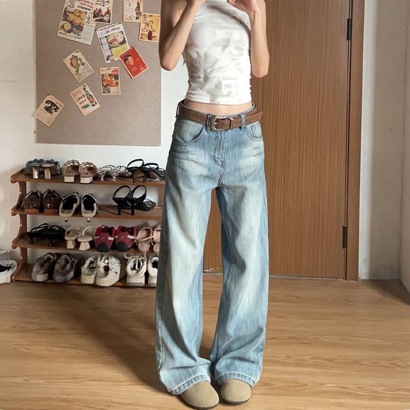 

Autumn Retro Wide-Leg Petite Straight-Leg Jeans for Women in Embroidery Design 145 Small светло-синий