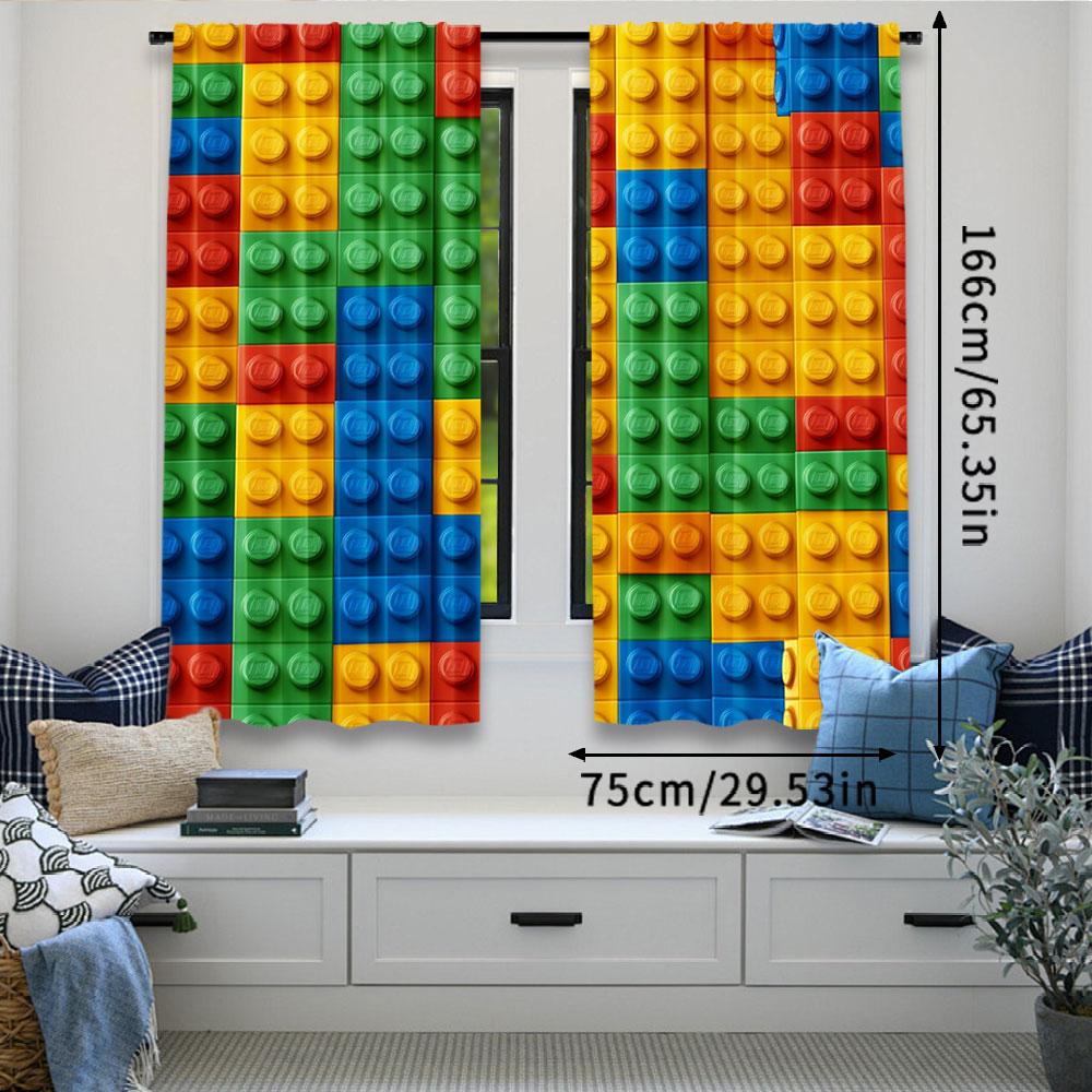2Pcs Colorful Building Blocks Print Curtain Geometric Blocks Curtain Suitable For Bedroom Bathroom Living Room Dining Room Study