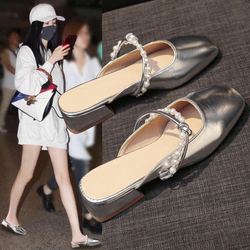2025 Spring and Summer New French Bag Head Half Slippers Women's Outer Wear Square Head High Heels Thick Heel Gentle with Skirt Explosion