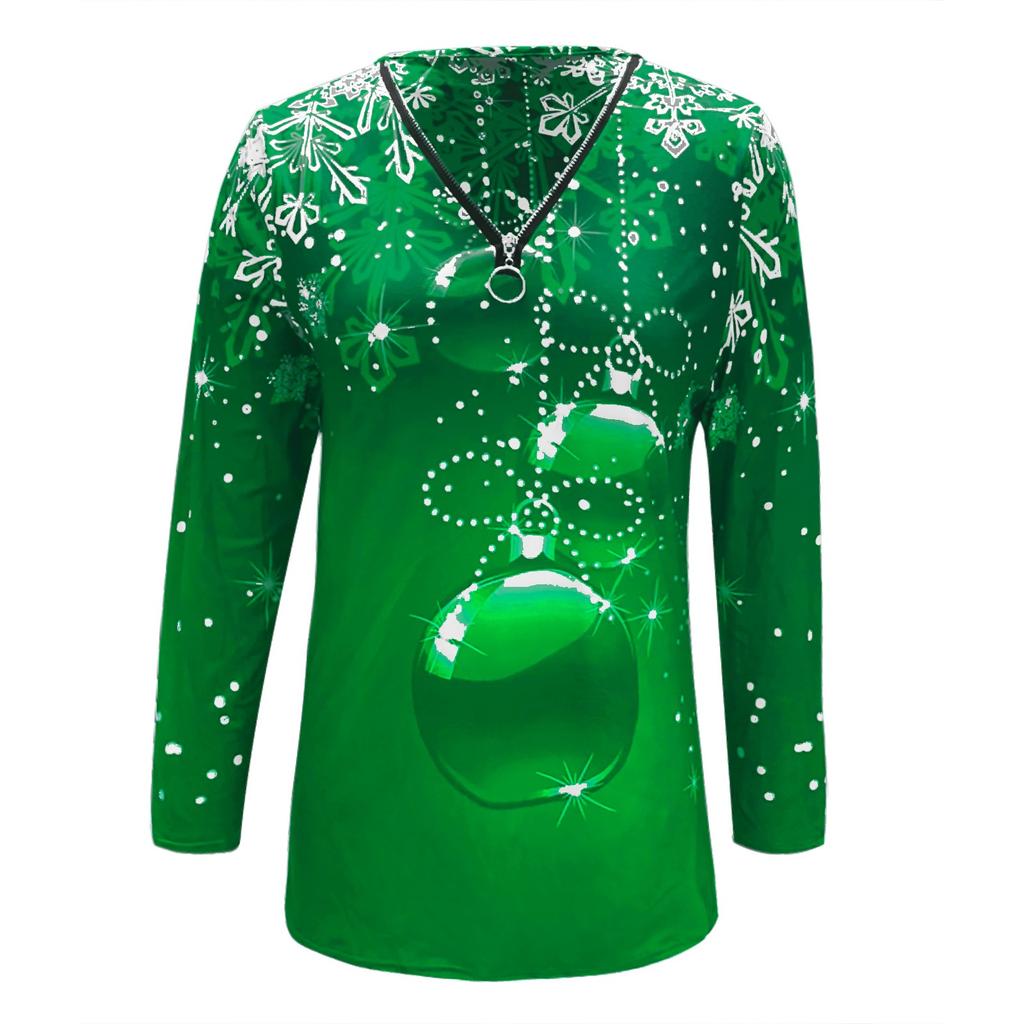 Women's Fashion Casual Snowflake Print Long Sleeve V-neck Zip T-Shirt Top