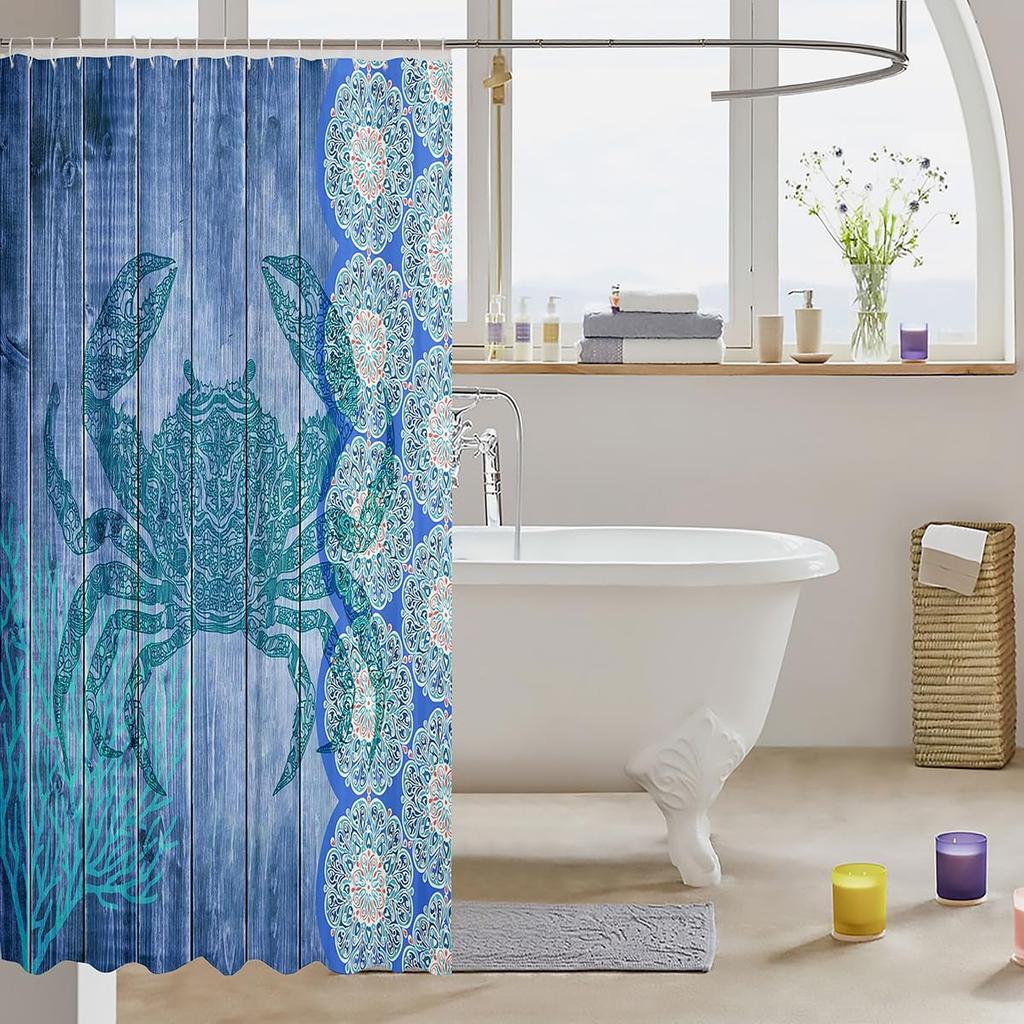 Blue Crab Shower Curtain,Hippie Boho Mandala Bathroom Curtain Small Size Sea Ocean Nautical Theme Bath Curtain Beach Animal