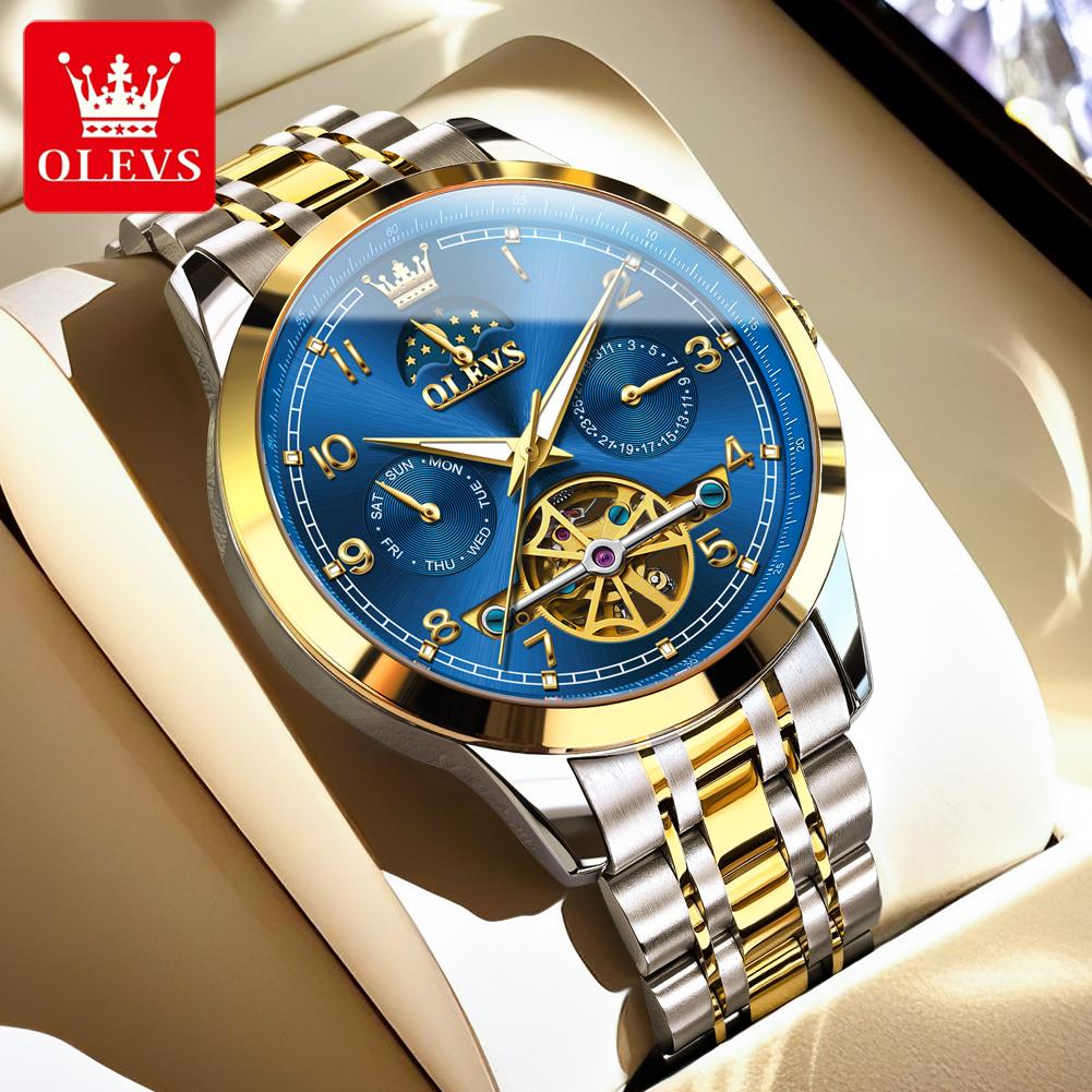 OLEVS 7071 Skelettierte Multifunktions-Mechanik-Herrenuhren Edelstahl Wasserdicht Leuchtend Mondphase Automatisch Mann Uhr