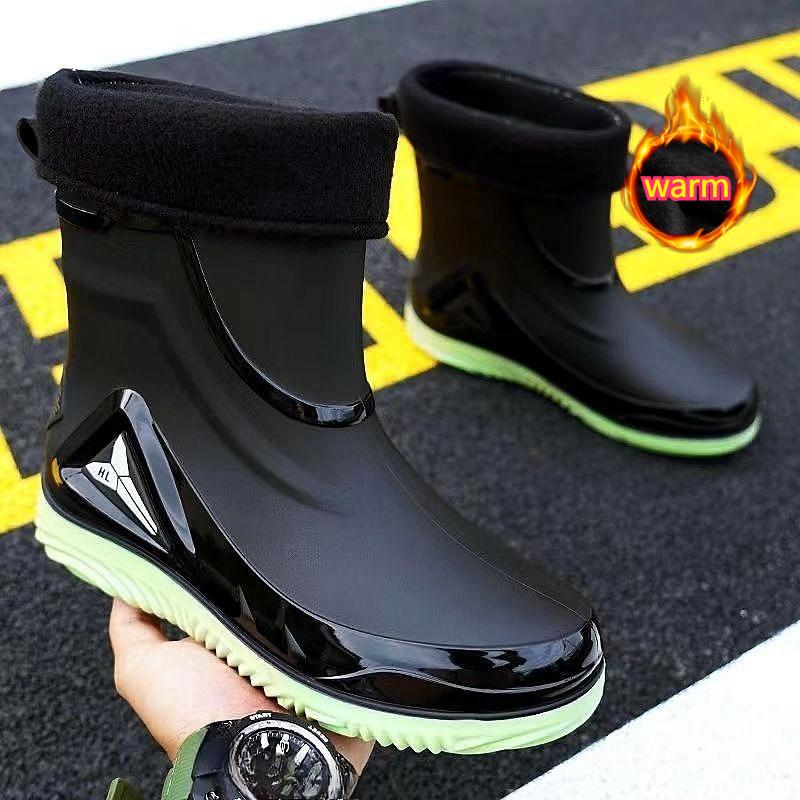 Fashion Short-tube Waterproof Shoes Men's Rain Boots Low-cut Warm Work Rubber Shoes Non-slip Fishing Kitchen Rain Boots Men