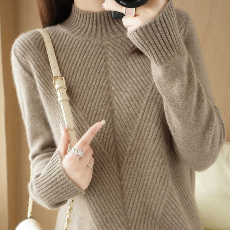 Half Turtleneck Thickened Knitted Sweater Solid Color Casual Sweater for Women Long-sleeved Loose Pullover Autumn