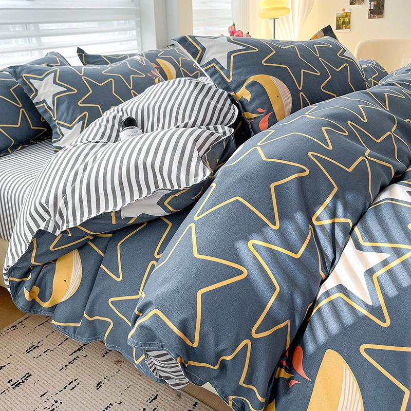 Class A Maternal Infant Grade Small Fresh Pure Cotton Abraded 4-Pcs Set, Skin-Friendly Bed Sheet Washed Cotton Quilt Cover, Dormitory 3-Piece Set