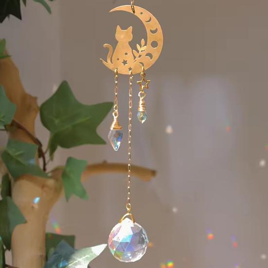 Moon Cat Crystal Suncatcher, Hanging Garden Suncatchers, Crescent Moon Crystal Decoration for Window & Garden, Decorative Hanging Ornament