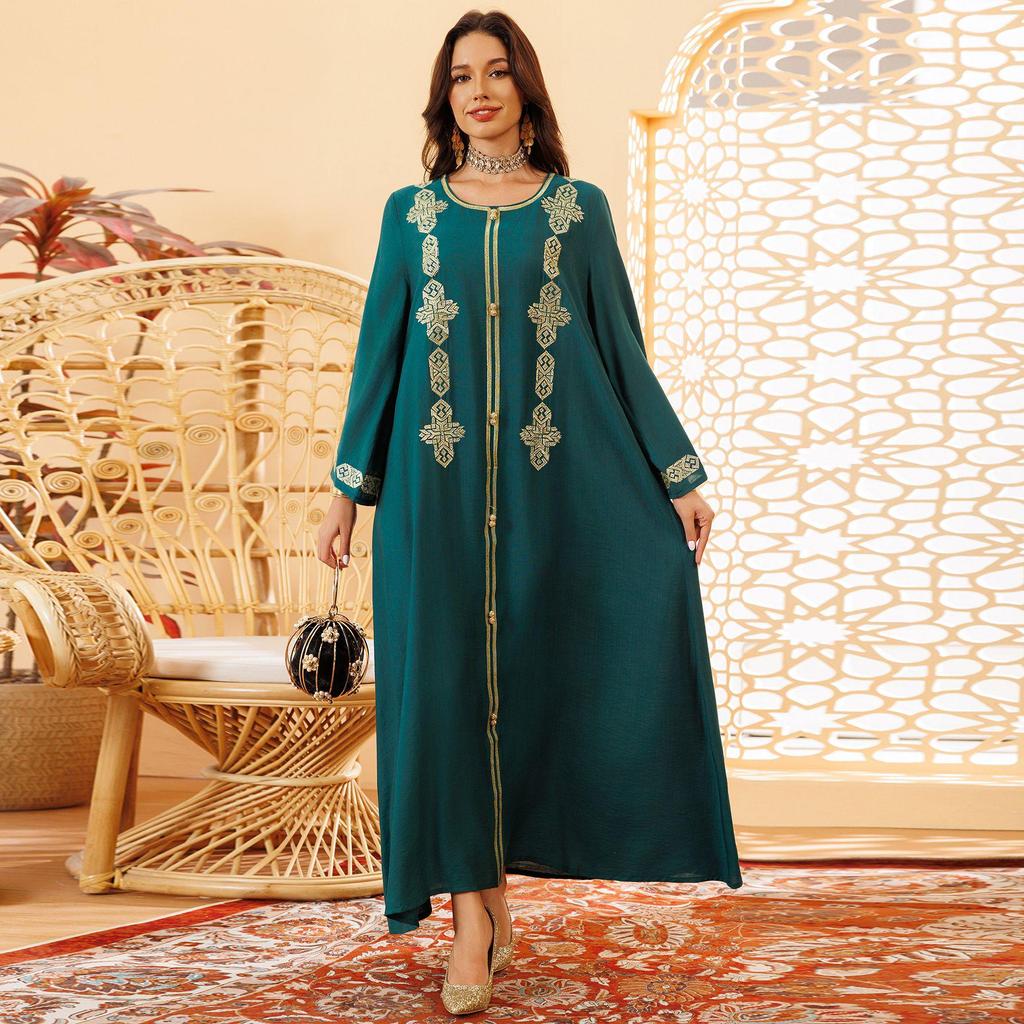 Middle Eastern Floral Embroidered Muslim Jalabiya Robe, Dubai Dress
