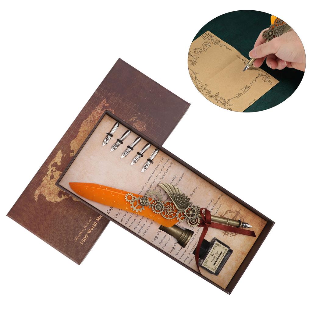 Quill Pen and Ink Set Writing Smoothly Vintage Carving Nib Natural Wear Resistant Pen and Ink Set