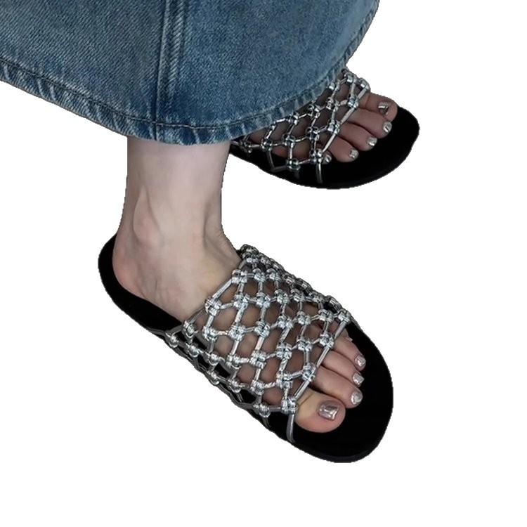 Sheepskin Version~ Hand-woven Fishing Net Hollow Thick-soled Beach Shoes, Women's Soft Leather Versatile Casual Round Head Dew, Hasou