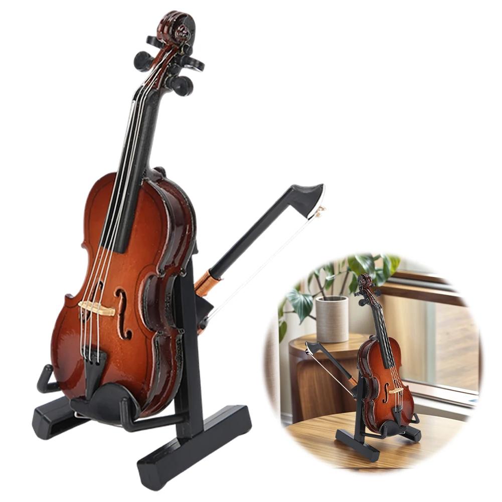 Wooden Miniature Violin with Stand and Bow Mini Simulation Violin Instrument Model Crafts Gift Home Office Ornament For Kids