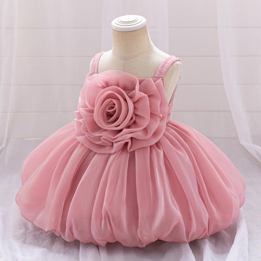 Toddler Princess Dress with 3D Rose Flowers and Shiny Satin Puff Sleeves
