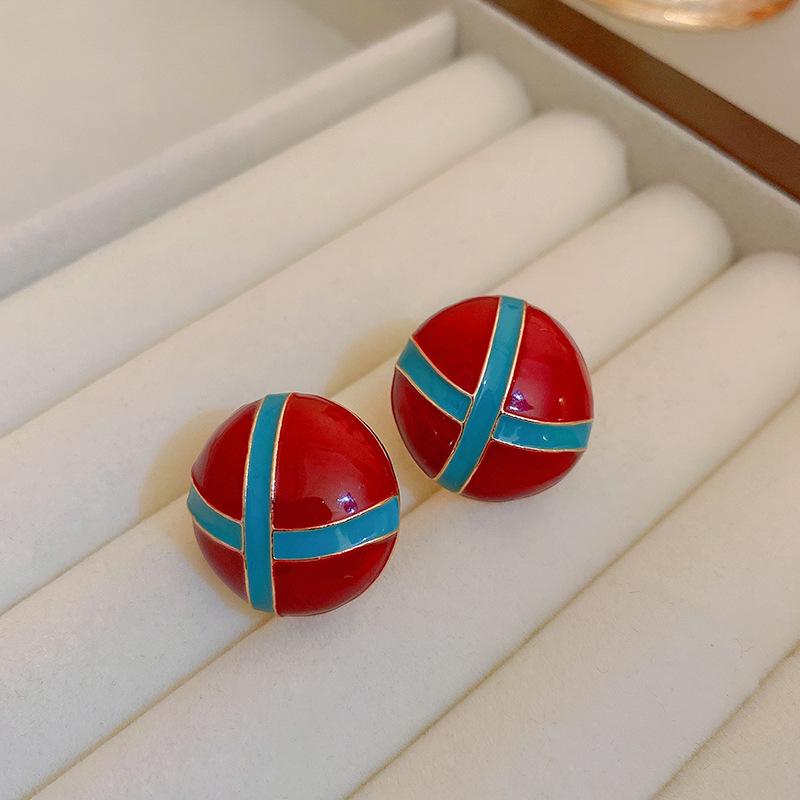 Silver Needle Red Geometric Stud Earrings - Korean Style Fashion Design for Women, High-End Exquisite Ear Jewelry