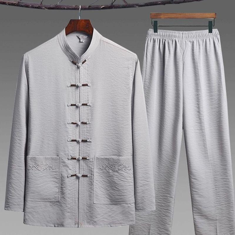 Men's Tang Suit Ice Silk Set - Long-Sleeve Chinese Tai Chi Hanfu for Spring/Summer