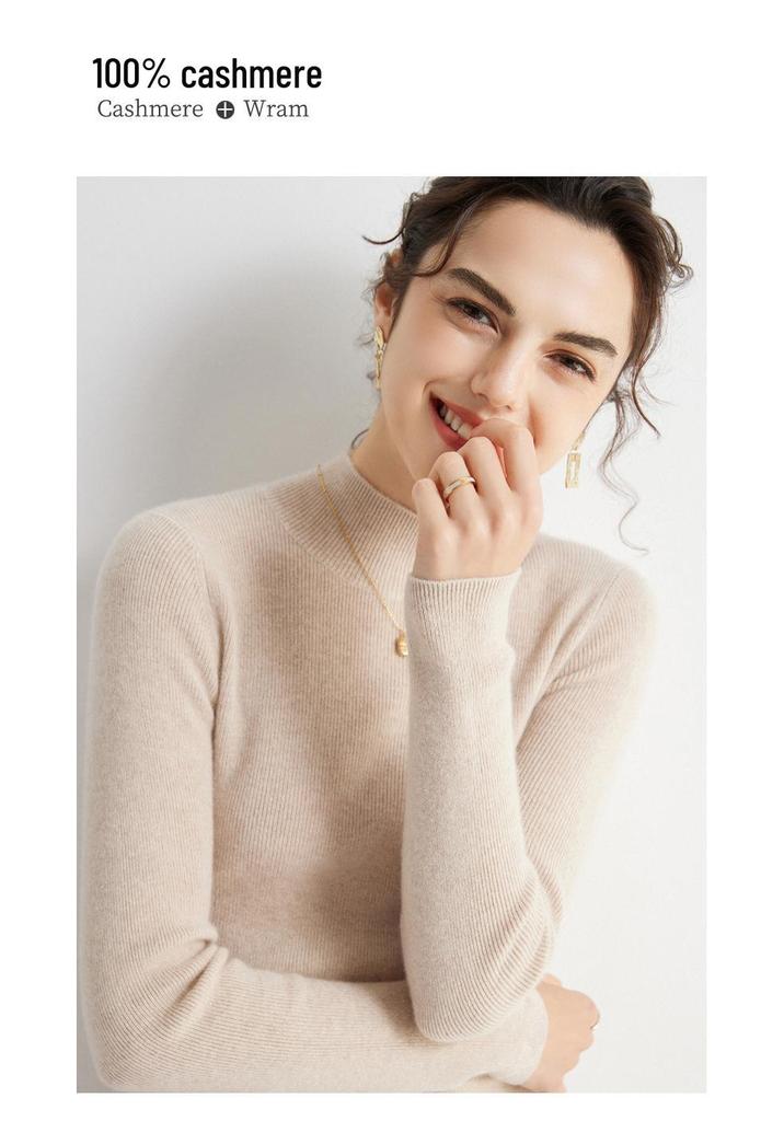 Women's 100% Pure Cashmere Ribbed Slim Fit Half-High Neck Sweater - Long Sleeve Gentle Style Base Layer