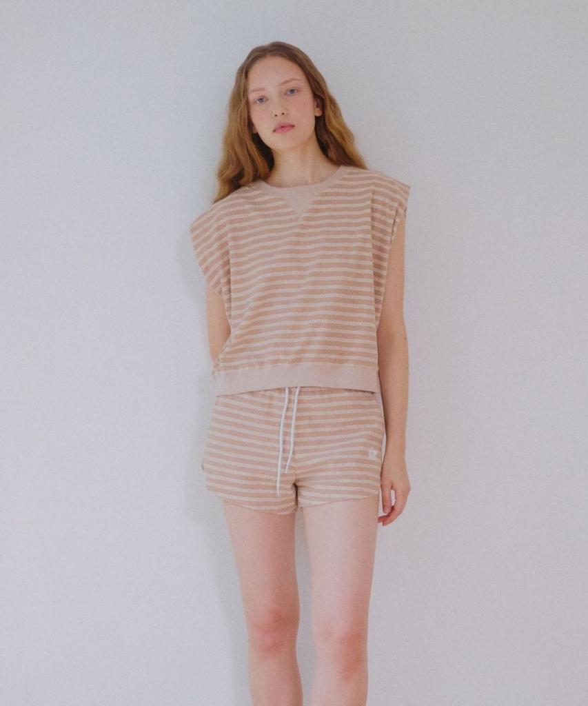 Okuka Striped Terry Shorts - Beige