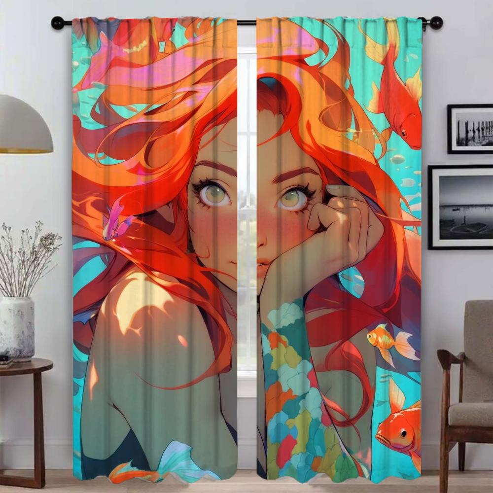 Girl Mermaid Series Blackout Curtains for Living Room Tulle for Bedroom Home Interior Curtains 2 Pieces Shades Partition Curtain