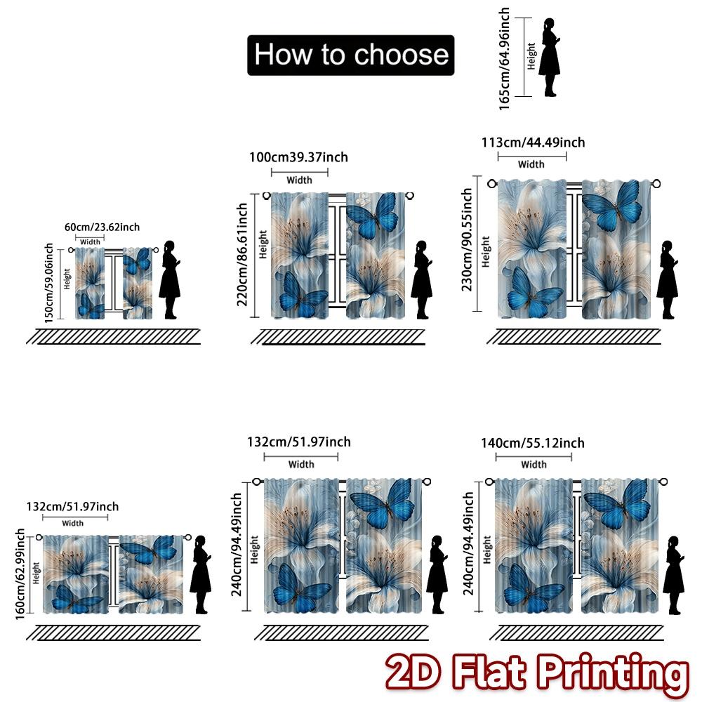 Set Of 2 Flat Printing Window Curtains Blue Blooms Digital Printed Polyester Drapes Festive Home Wall Yard Use Curtain Made