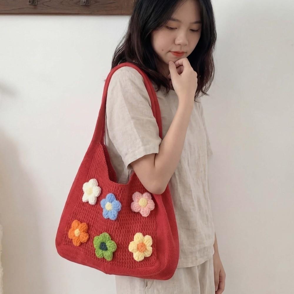 Sweet Knitted Tote Bag Breathable Seaside Vacation Handbag Storage Bag Crochet Shoulder Bag School