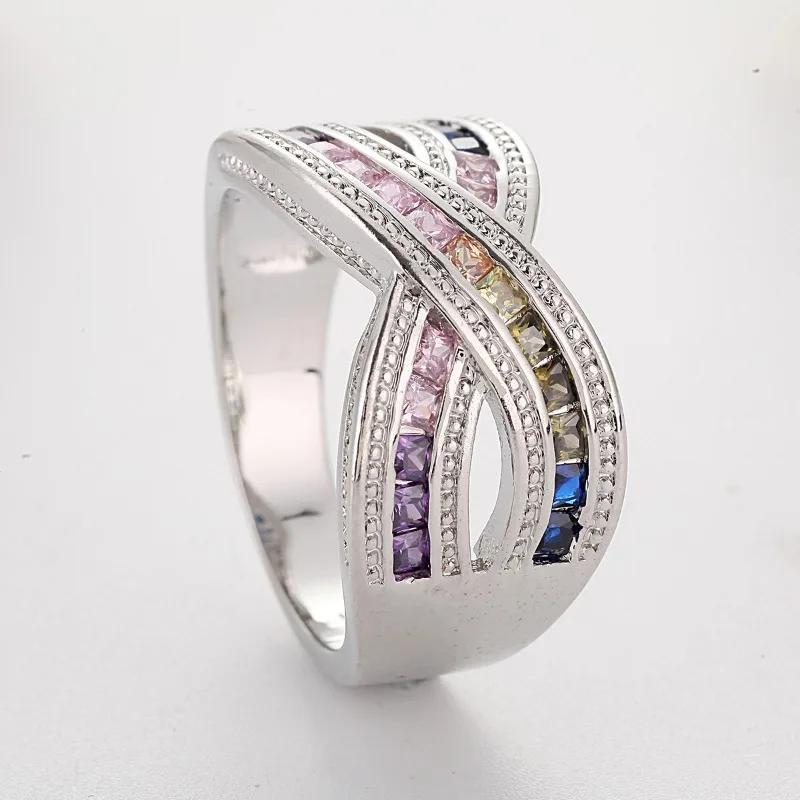 New Fashion Colorful Cubic Zirconia Ring For Women Elegant Bridal Wedding Jewelry Band Cross Geometric Crystal Rings Gifts