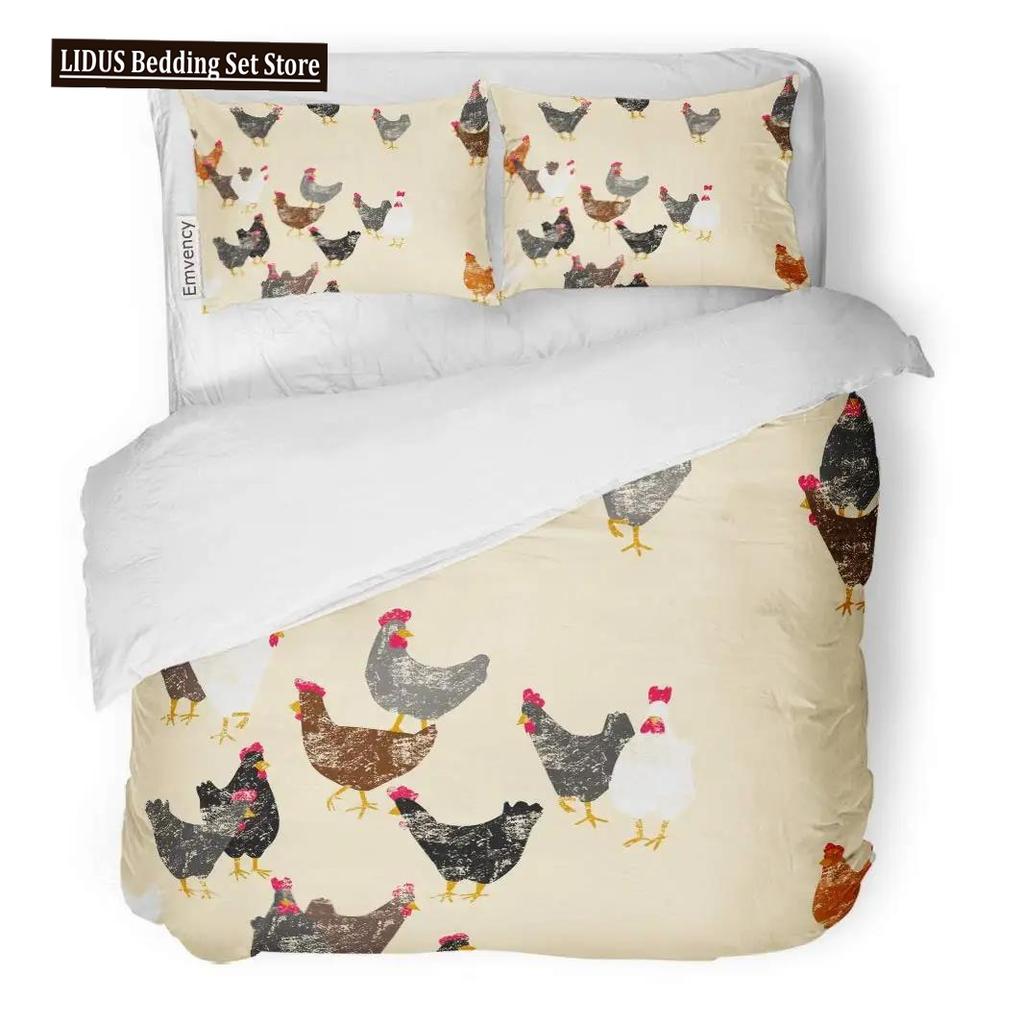 Chicken Duvet Cover King Queen Size Lovely Hen Pattern Bedding Set Kids Teens Adults Farm Animals Soft Polyester Comforter Cover