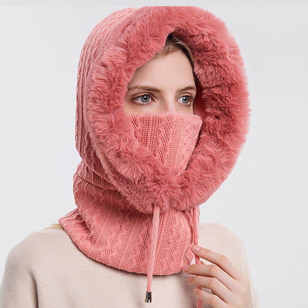 Winter Fur Cap Mask Set Hooded For Women Knitted Cashmere Thick Hat Windproof Warm Fluffy Beani I2L1