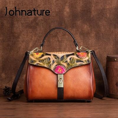 First Layer Cow Leather Retro Women Bag Handmade Embossed Luxury Handbag Versatile Hasp Lady Shoulder Bags