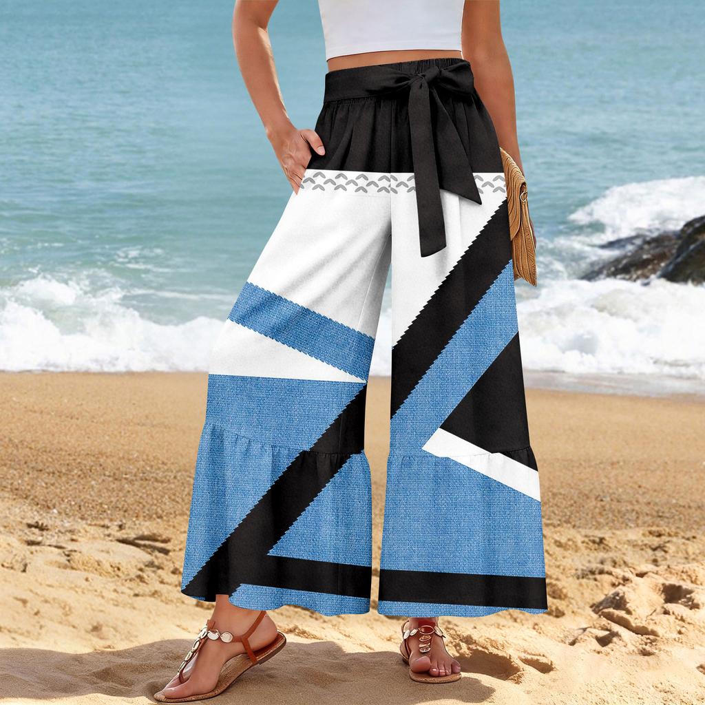 Women's Wide-Leg Casual Pants, Stretch, High Waist, Ruffled Hem, Wide Legs, Belted, And Pockets