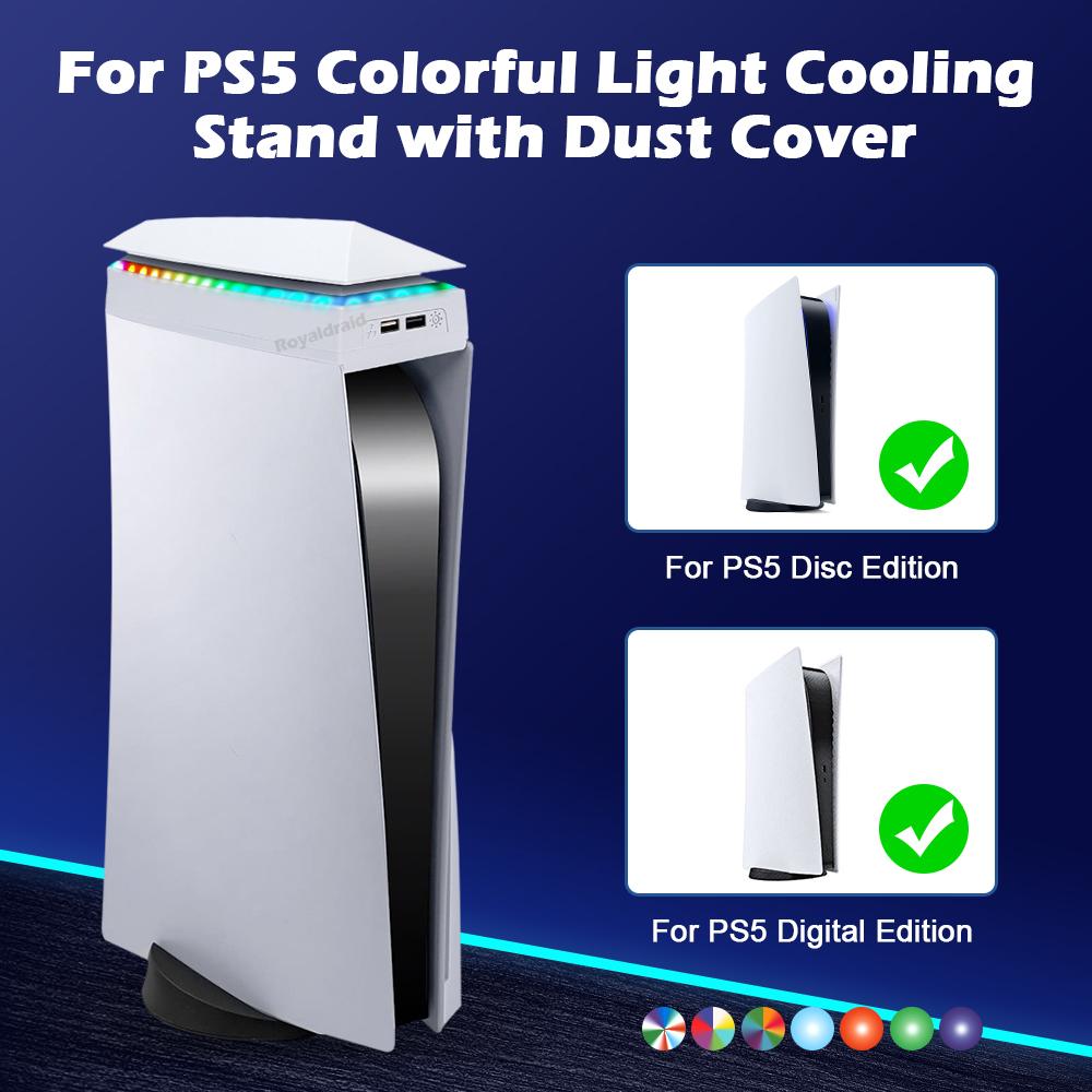 White Upper Cooling Fan Base Game Cooler Stand Bracket with RGB Atmosphere Colorful Lighting LED for PS5 Console with Dust Cover