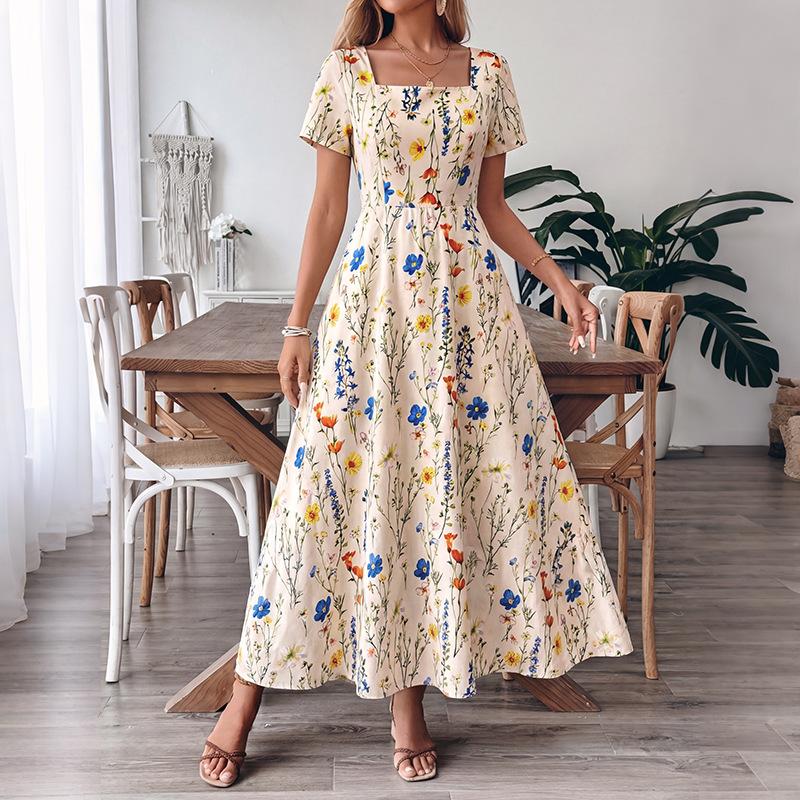 TIFICY Women s Fashion Summer Spring Flower Pattern Print Short Sleeve Square Collar High Waist Casual Dresses S