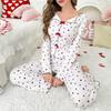 European and American Style Women's Spring and Autumn Heart Print Pajama Set Turn-Down Collar Long Sleeve Top and Long Pants 2 Piece Loungewear