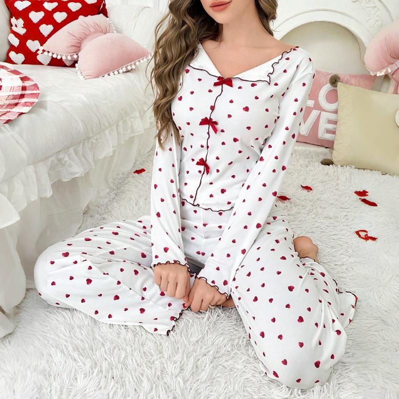 European and American Style Women's Spring and Autumn Heart Print Pajama Set Turn-Down Collar Long Sleeve Top and Long Pants 2 Piece Loungewear