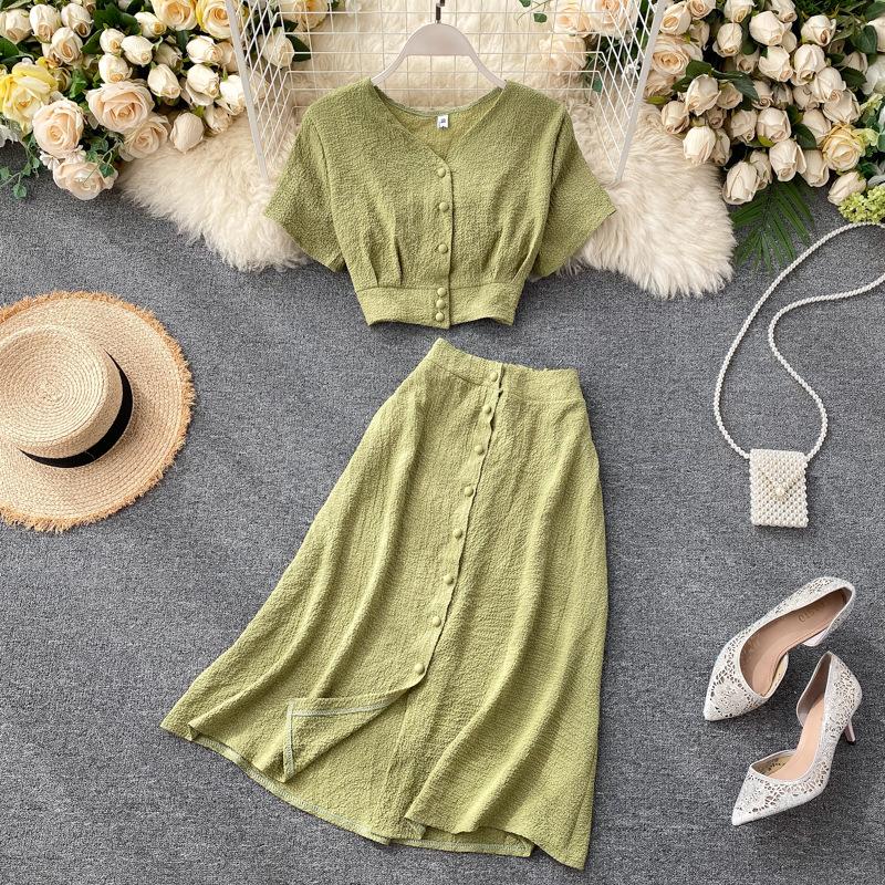 Solid Color Home Wear Women's V-neck Short-sleeved Pleated Blouse + High-waisted Slimming Single-breasted Skirt Pajamas