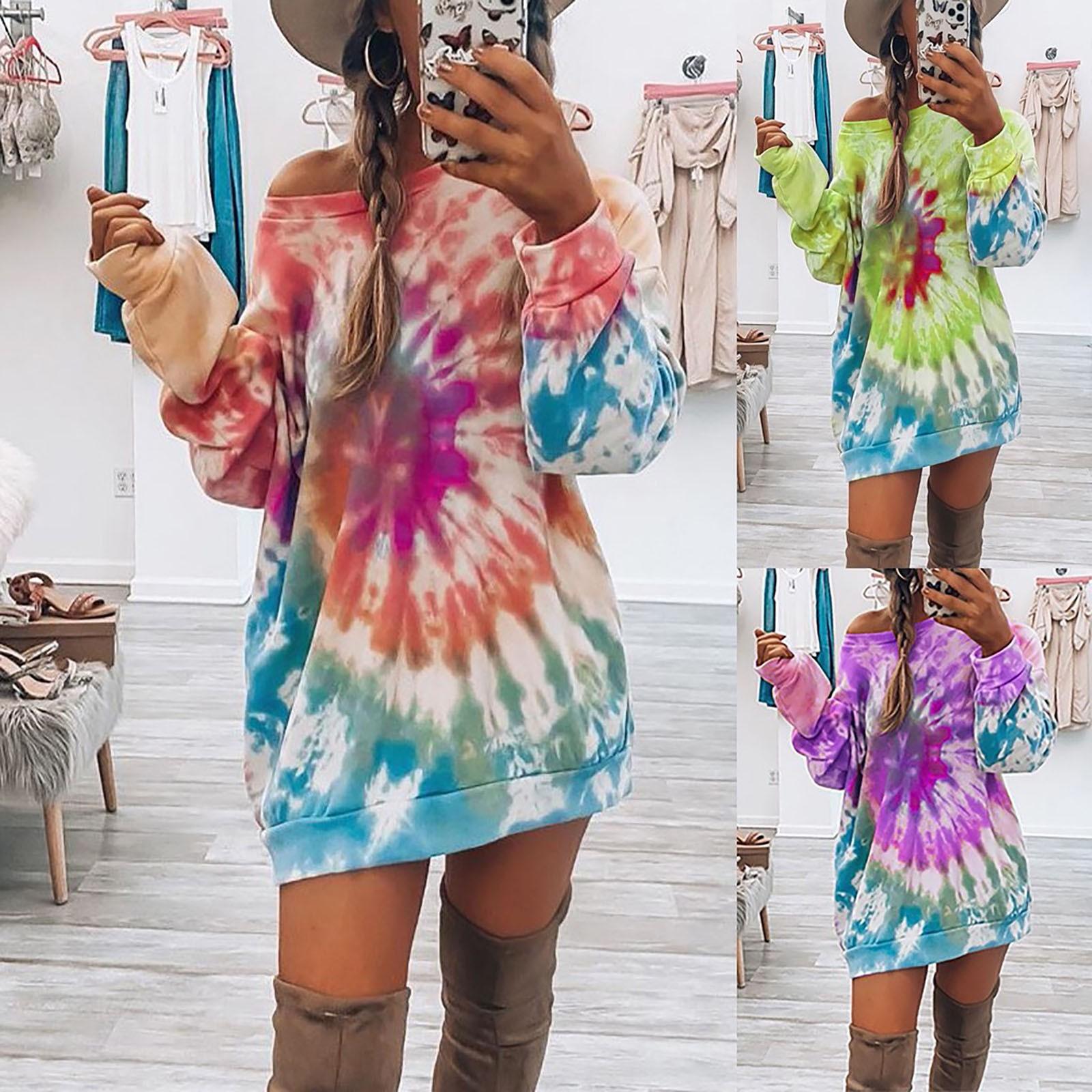 

Модная женская повседневная свободная футболка с длинными рукавами и принтом тай-дай