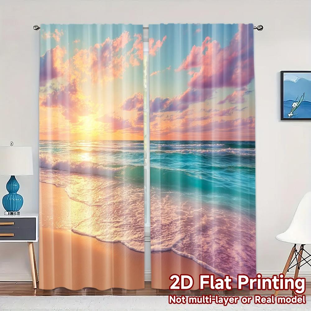 2pcs, 2D FLAT PRINTING Curtains (Without Rod) Ocean Sunrise(1) Popular Curtain Polyester Curtains Outdoor Decorations for