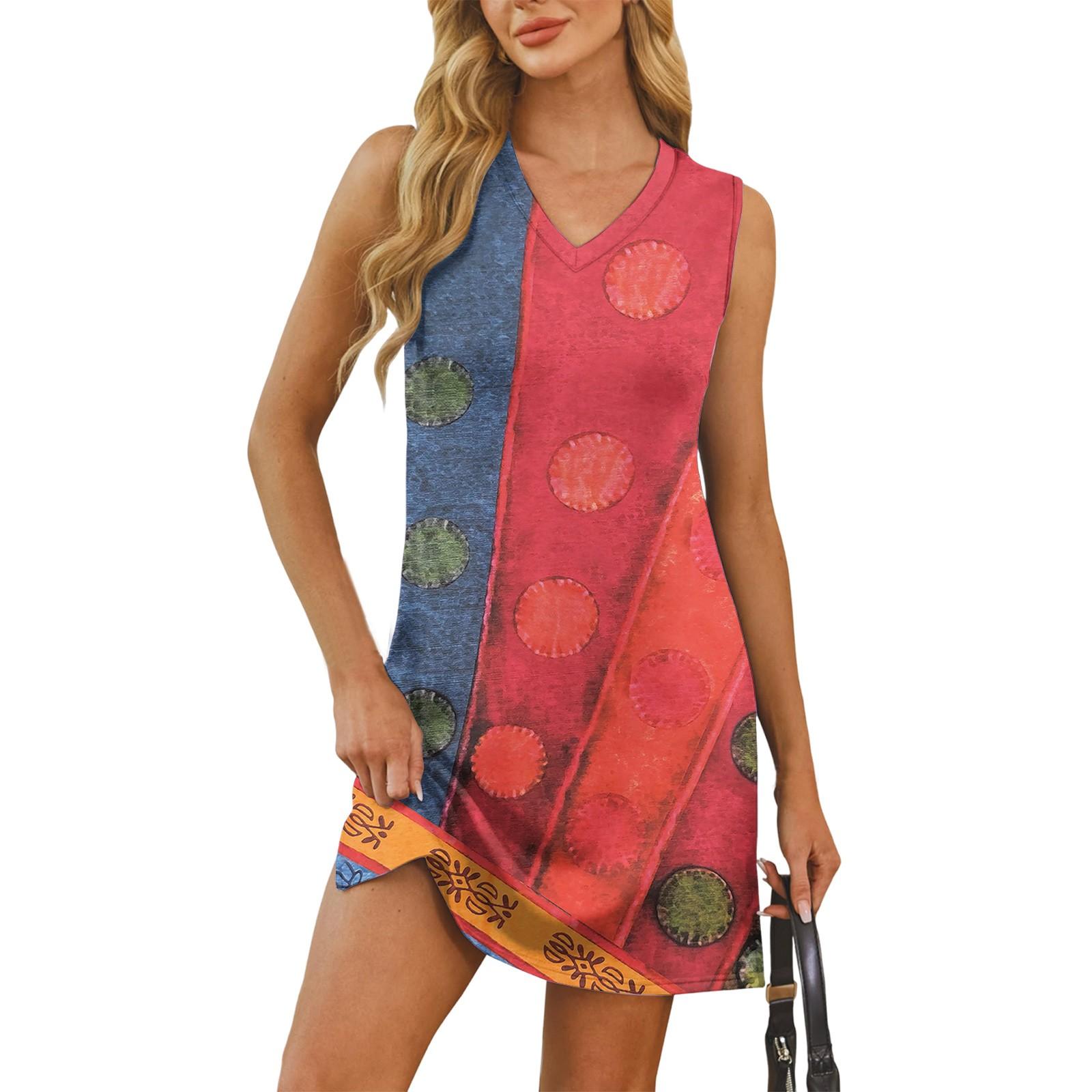 

Женский летний повседневный сарафан без рукавов с V-образным вырезом для пляжного отдыха в стиле пэчворк с цветными блоками XL арбуз красный