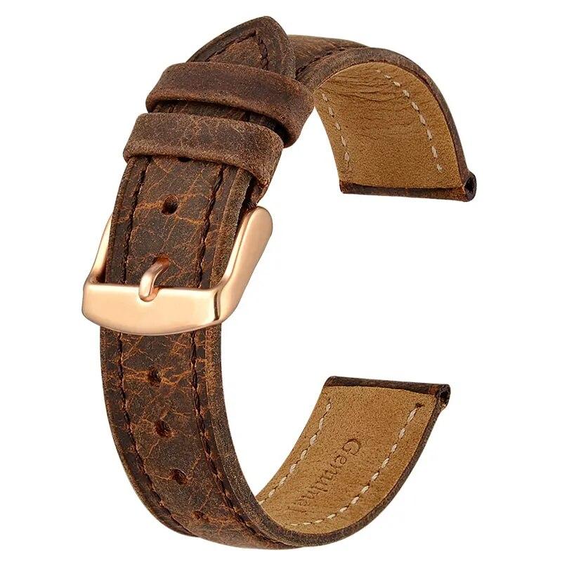 BISONSTRAP Crazy Horse Leather Watch Strap 18mm 20mm 21mm 22mm 24mm Replacement Belt Rose Gold Buckle Band for Men Watchbands