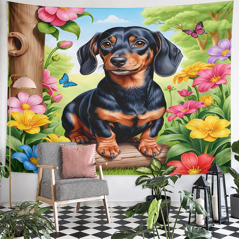 Dachshund Dog with Colorful Flowers Pattern Wall Hanging Tapestry Decorative Tapestry Home Decor for Bedroom and Living Room