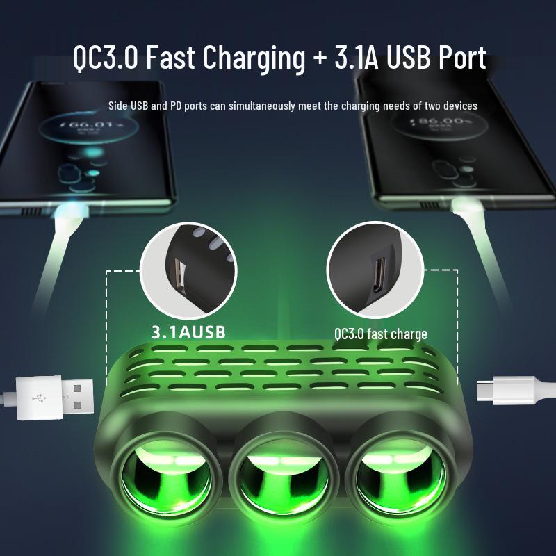 Seven-Color Car Charger: 3-Port QC3.0, USB, PD Fast Charger - 12V/24V Universal