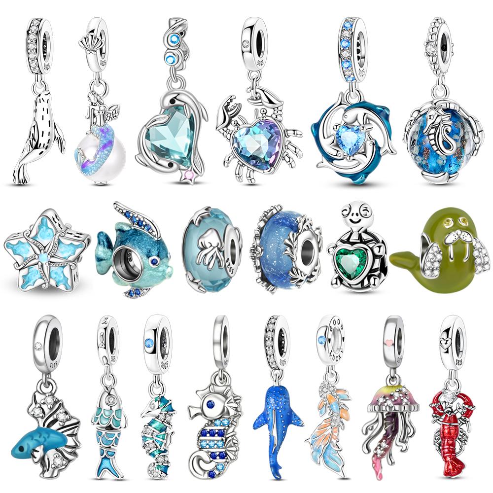 Ozean Serie 925 Silber Qualle Krebs Seepferdchen Anhänger DIY Armband Halskette Party Geschenke für Damen Herren