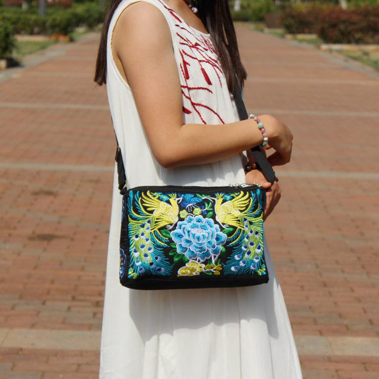 Yunnan Ethnic Embroidered One-Shoulder Crossbody Bag with Three Zippers - Large Size for Ladies